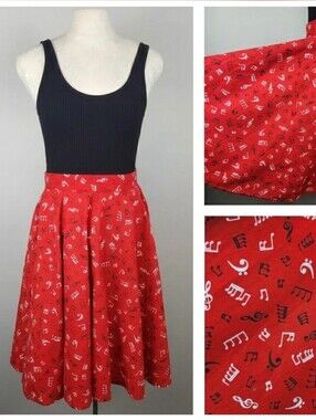 Red Circle Skirt Music Notes Size S Jazz Band Blues Artsy Singer Songwriter